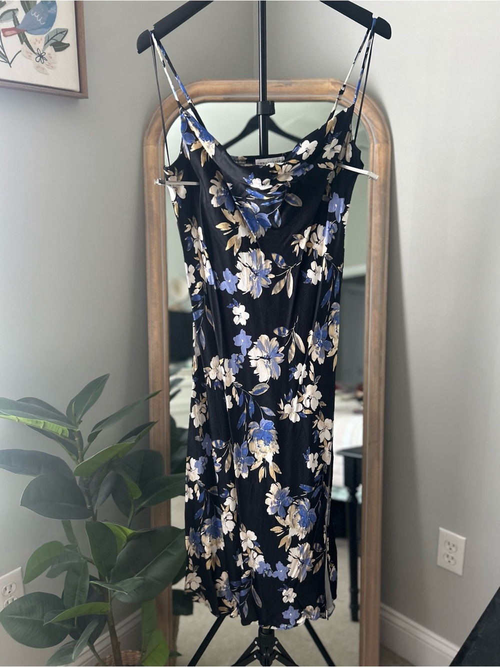 Floral Cowl Slip Dress with Blue & Cream Blooms